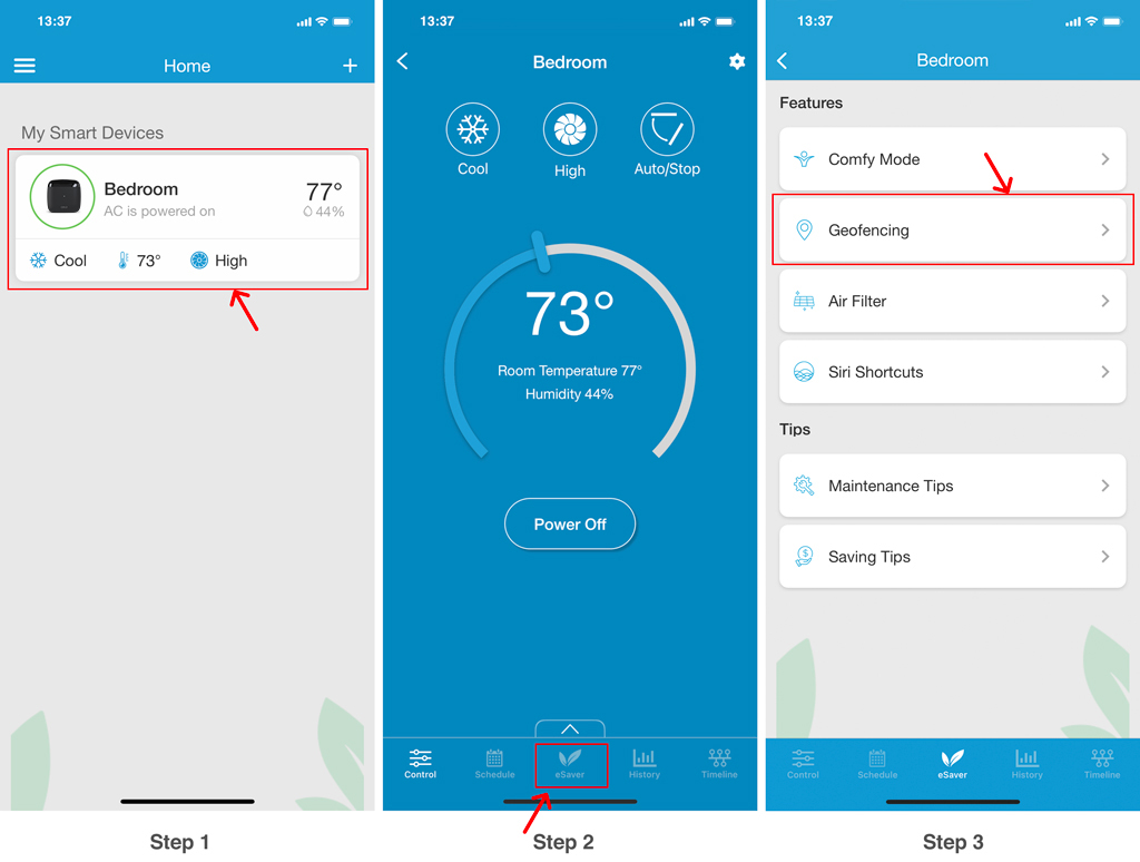 How can I set location based controls (geofencing) using Cielo Home app