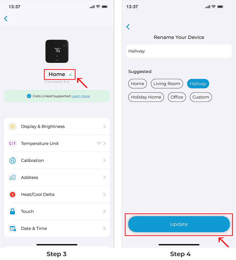 How to change device name on Cielo Smart Thermostat Eco? Cielo
