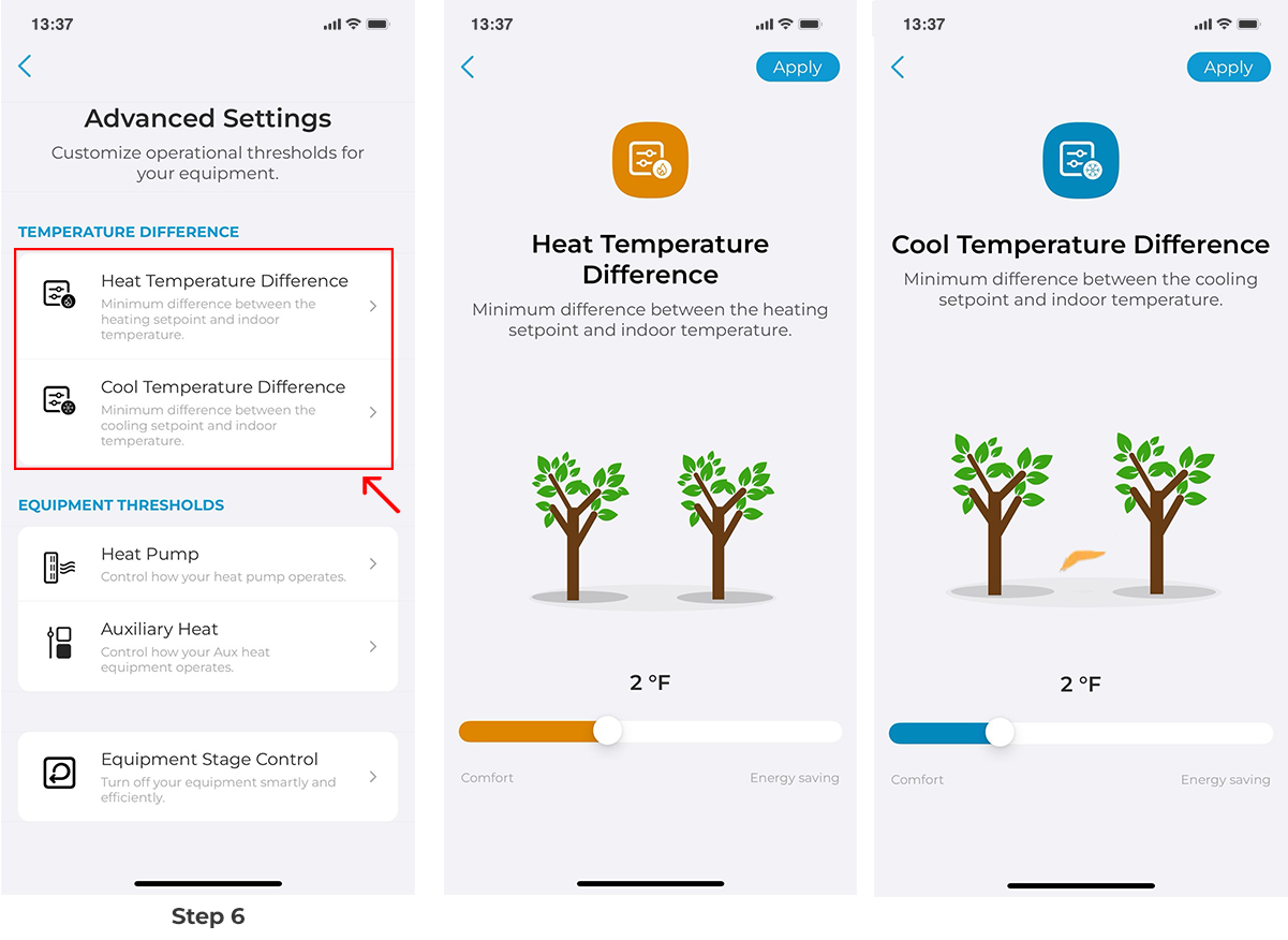 How to adjust temperature difference between the heating/cooling