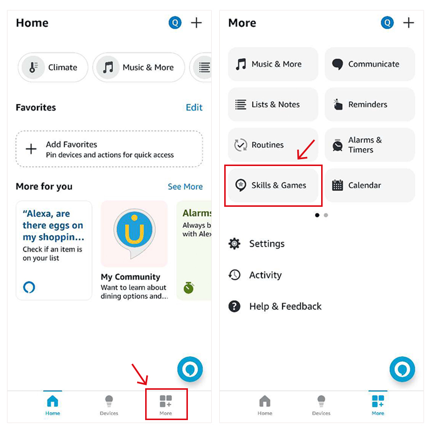 Skills & Games option in Alexa app
