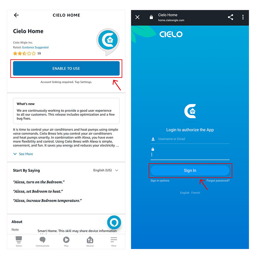 Cielo Home login screen